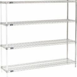 Nexel® Chrome, 4 Tier, Wire Shelving Add-On Unit, 72"W x 14"D x 63"H