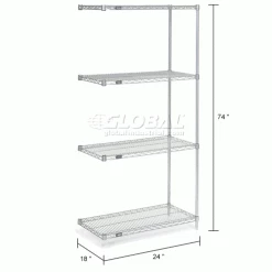 Nexel® Chrome, 4 Tier, Wire Shelving Add-On Unit, 24"W x 18"D x 74"H -Shelving Sales Store 188297 dim