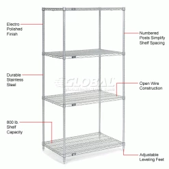 Nexel® Stainless Steel, 4 Tier, Wire Shelving Starter Unit, 36"W x 24"D x 74"H -Shelving Sales Store 189412 1wco