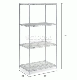 Nexel® Stainless Steel, 4 Tier, Wire Shelving Starter Unit, 36"W x 24"D x 74"H -Shelving Sales Store 189412 dim