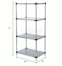 Nexel® Galvanized Steel, 4 Tier, Solid Shelving Starter Unit, 36"Wx18"Dx74"H -Shelving Sales Store 189930 dim