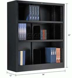 Interion By Global Industrial Interion® All Steel Bookcase 36" W x 12" D x 42" H Black 3 Openings -Shelving Sales Store 277440BK dim
