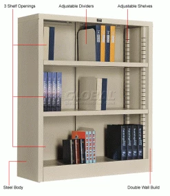 Interion By Global Industrial Interion® All Steel Bookcase 36" W x 12" D x 42" H Putty 3 Openings -Shelving Sales Store 277440PY 1wco