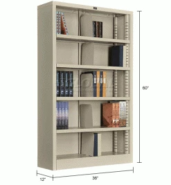 Interion By Global Industrial Interion® All Steel Bookcase 36" W x 12" D x 60" H Putty 5 Openings -Shelving Sales Store 277441PY dim