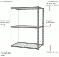 Global Industrial™ High Cap. Add-On Rack 60Wx24Dx60H 3 Levels Wire Deck 1300 Lb. Per Level GRY -Shelving Sales Store 581061GYIN 1wco