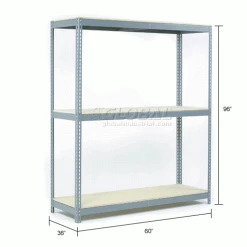 Global Industrial™ Wide Span Rack 60Wx36Dx96H, 3 Shelves Wood Deck 1200 Lb Cap. Per Level, Gray -Shelving Sales Store 601135A dim