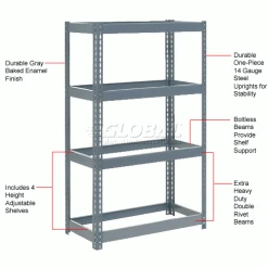 Global Industrial™ Extra Heavy Duty Shelving 36"W x 24"D x 72"H With 4 Shelves, No Deck, Gray -Shelving Sales Store 601867 1wco