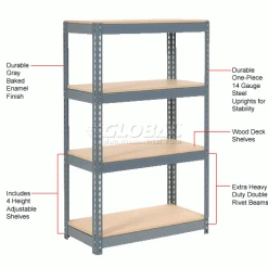Global Industrial Extra Heavy Duty Shelving 36"W x 12"D x 60"H With 4 Shelves, Wood Deck, Gry 29 Global Industrial Extra Heavy Duty Shelving 36"W x 12"D x 60"H With 4 Shelves, Wood Deck, Gry -Shelving Sales Store 601879 1wco 1