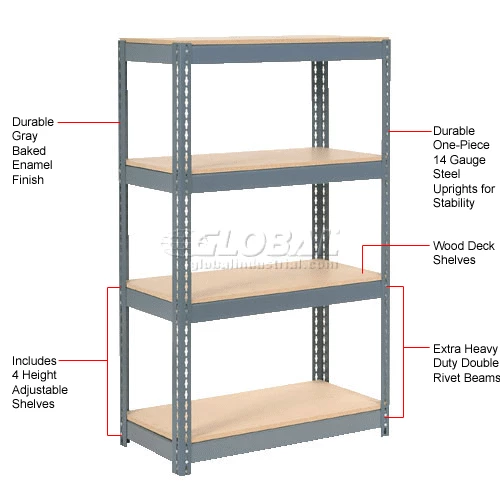 Global Industrial Extra Heavy Duty Shelving 36"W x 12"D x 60"H With 4 Shelves, Wood Deck, Gry 12 Global Industrial Extra Heavy Duty Shelving 36"W x 12"D x 60"H With 4 Shelves, Wood Deck, Gry - Image 12