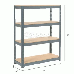 Global Industrial™ Extra Heavy Duty Shelving, Wood Deck, 4 Shelves, 48"Wx24"Dx72"H, Gray -Shelving Sales Store 601883 dimx