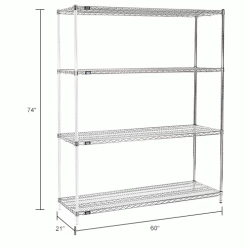 Nexel® Chrome, 4 Tier, Wire Shelving Add-On Unit, 60"W x 21"D x 74"H -Shelving Sales Store 796170IN dim
