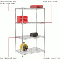 Nexel® Chrome, 4 Tier, Wire Shelving Starter Unit, 36"W X 18"D X 74"H -Shelving Sales Store 798768NCIN 1wco