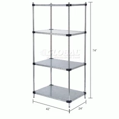 Nexel® Galvanized Steel, 4 Tier, Solid Shelving Starter Unit, 42"Wx24"Dx74"H -Shelving Sales Store B2679434IN dim
