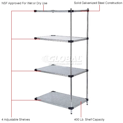 Nexel® Galvanized Steel, 4 Tier, Solid Shelving Add-On Unit, 54"Wx24"Dx74"H 9 Nexel® Galvanized Steel, 4 Tier, Solid Shelving Add-On Unit, 54"Wx24"Dx74"H - Image 9